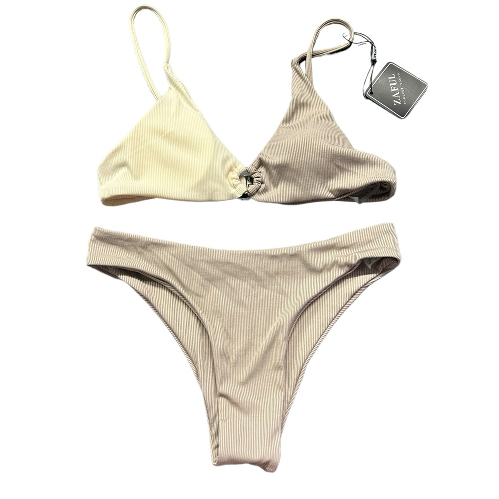 ZAFUL Boho neutral ribbed high cut cheeky bikini set size M NWT